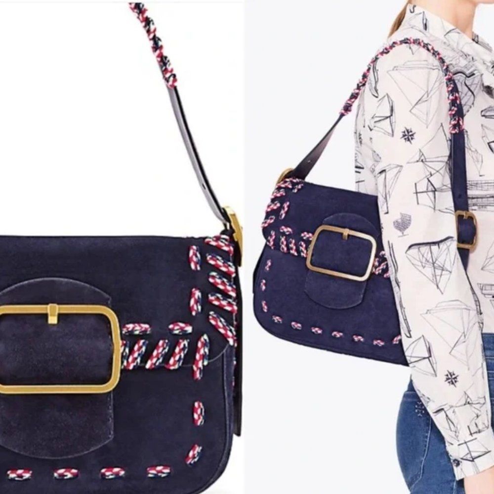 Tory Burch Sawyer Stitch Navy Suede Leather Shoulder Bag